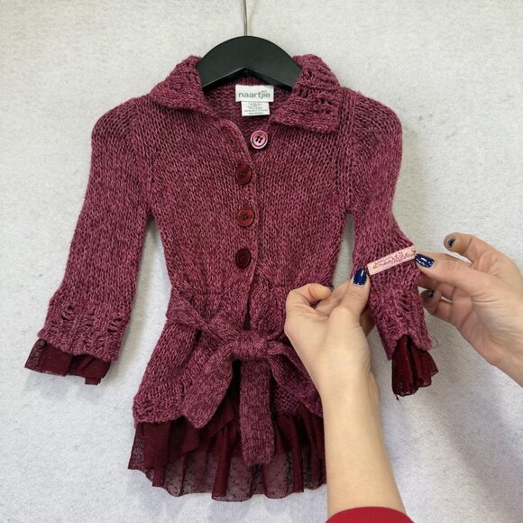 Naartjie Sweater Dress Baby Girls 3-6 Months Maroon Knit Belted Ruffle Hem - Picture 4 of 10